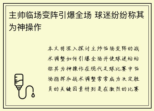 主帅临场变阵引爆全场 球迷纷纷称其为神操作