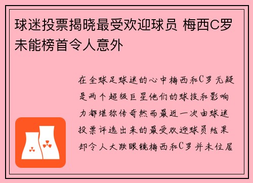球迷投票揭晓最受欢迎球员 梅西C罗未能榜首令人意外