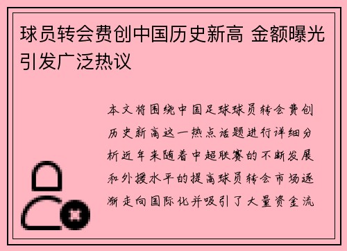 球员转会费创中国历史新高 金额曝光引发广泛热议